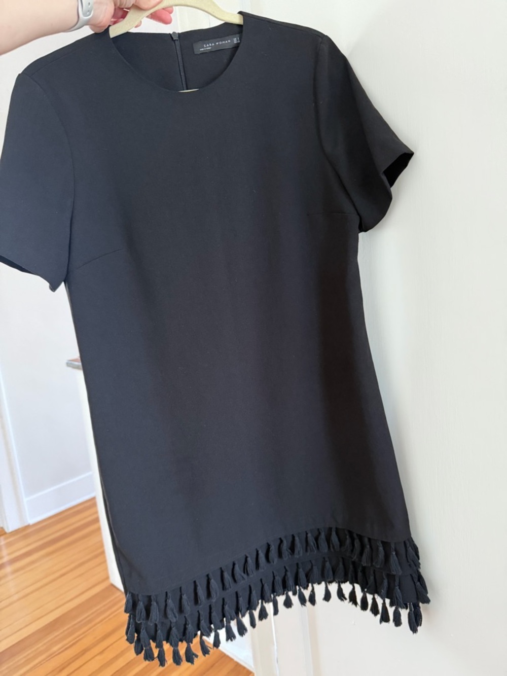 Zara Small Black Short Sleeve Shift Dress with Tassel Hem